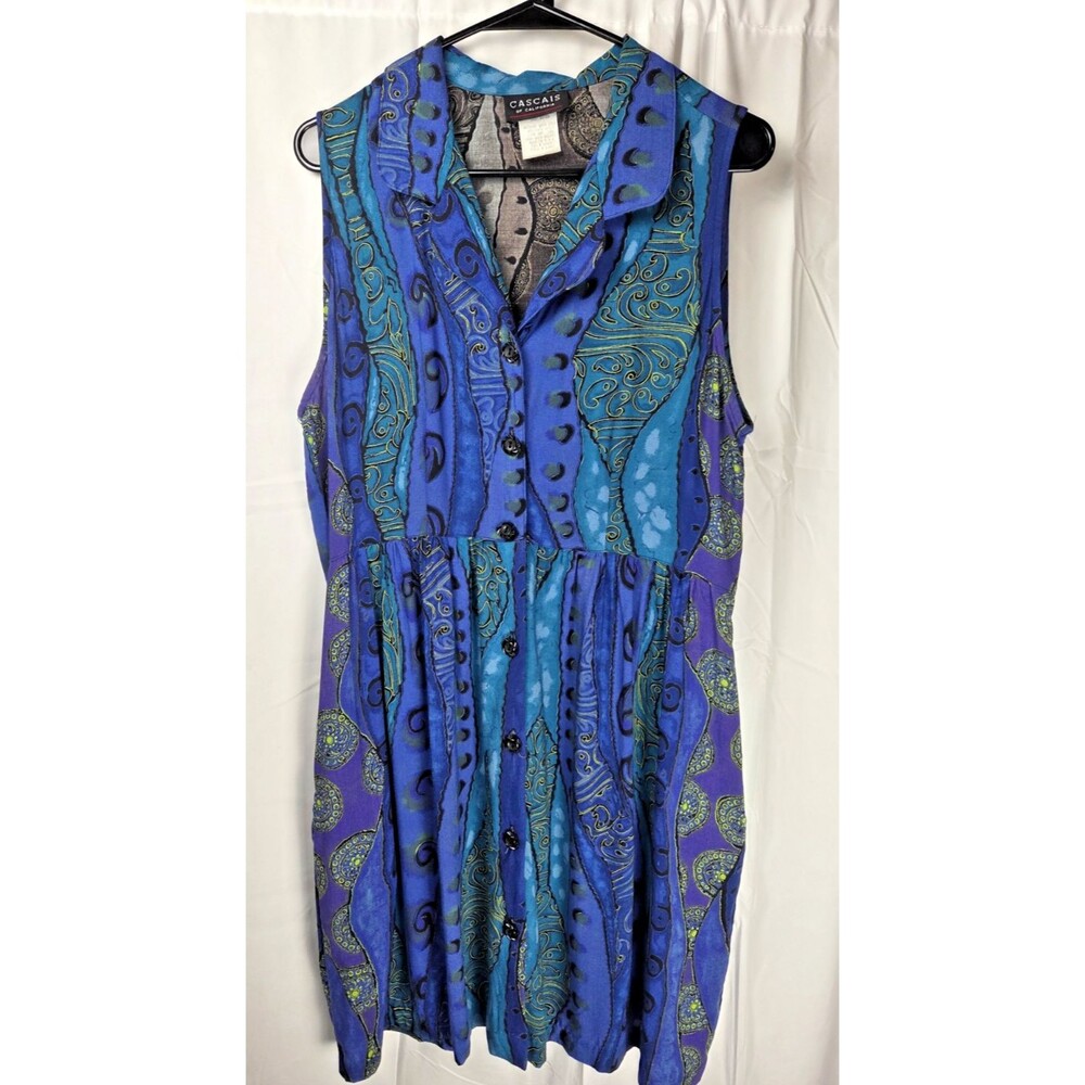 Vintage Cascais California Dress Size 16 Blue Abstract Paisley Sleeveless USA - Picture 2 of 9